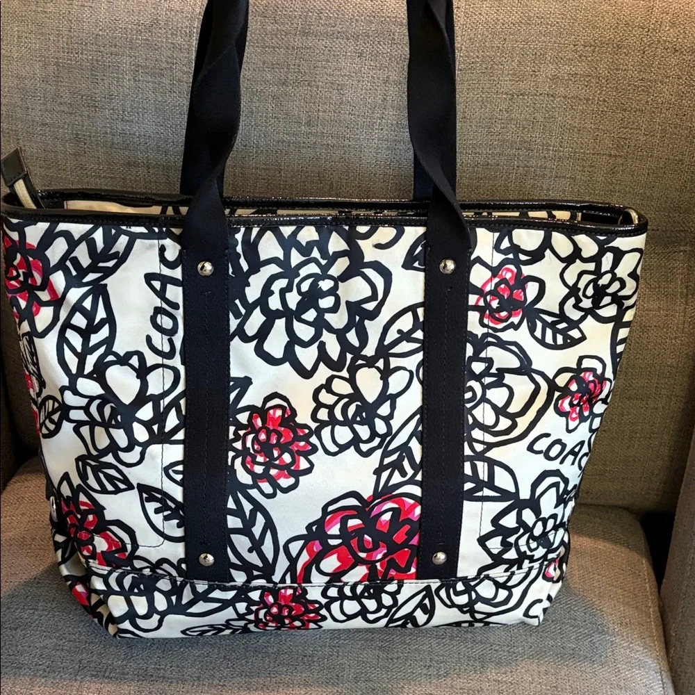 Coach Black, White & Red Floral Canvas Tote